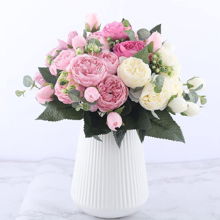 Ramo de 9 peonías de seda artificial de 30 cm, perfecto para arreglos florales y jarrones.