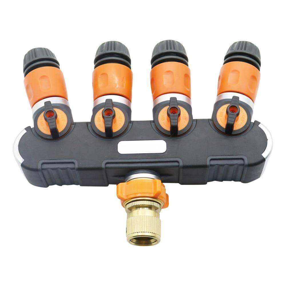 Conector de 4 vías para mangueras de jardín, compatible con riego y sistemas de agua en patios y exteriores.