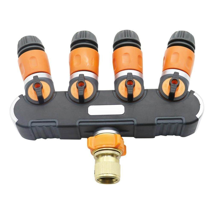 Conector de 4 vías para mangueras de jardín, compatible con riego y sistemas de agua en patios y exteriores.