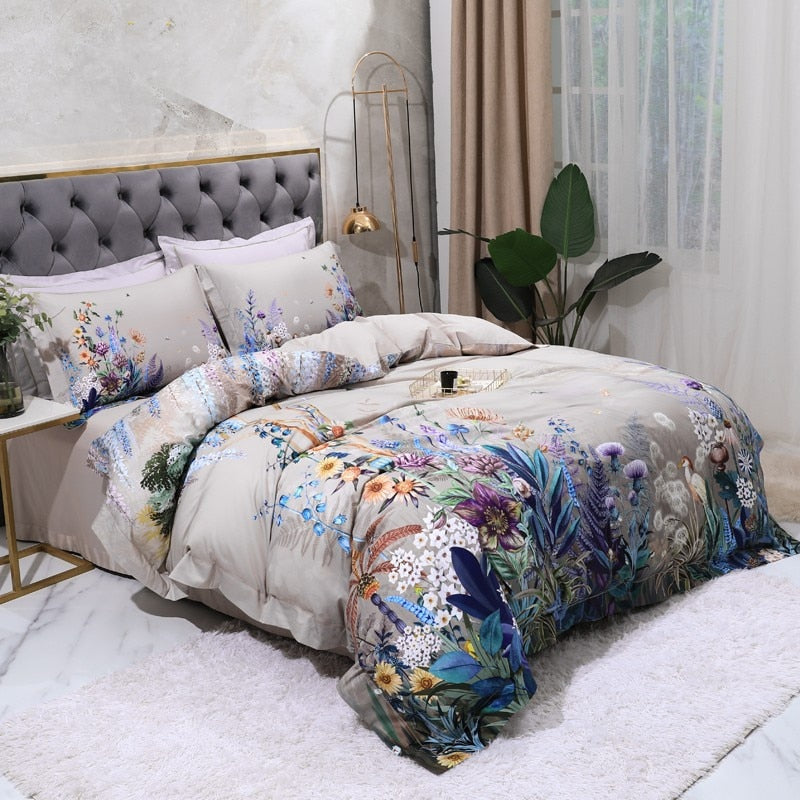 Funda nórdica floral King de algodón egipcio 600 hilos. Decoración botánica de lujo para el hogar.
