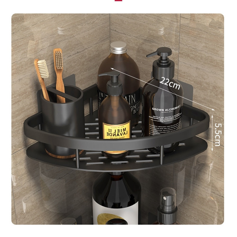 Estante de baño moderno, negro, con ventosas invisibles, para un almacenamiento elegante y práctico.