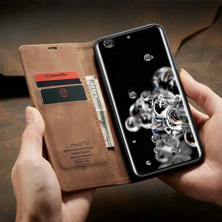 Funda cartera estilo flip para Samsung, protectora de cuero PU con ranuras para tarjetas, color negro.