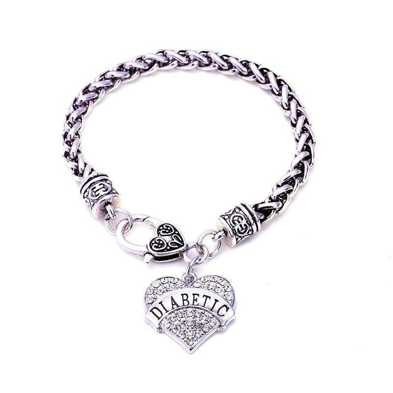 Pulsera diabética para mujer, alerta médica con corazones de cristal. Identificación de seguridad y salud.