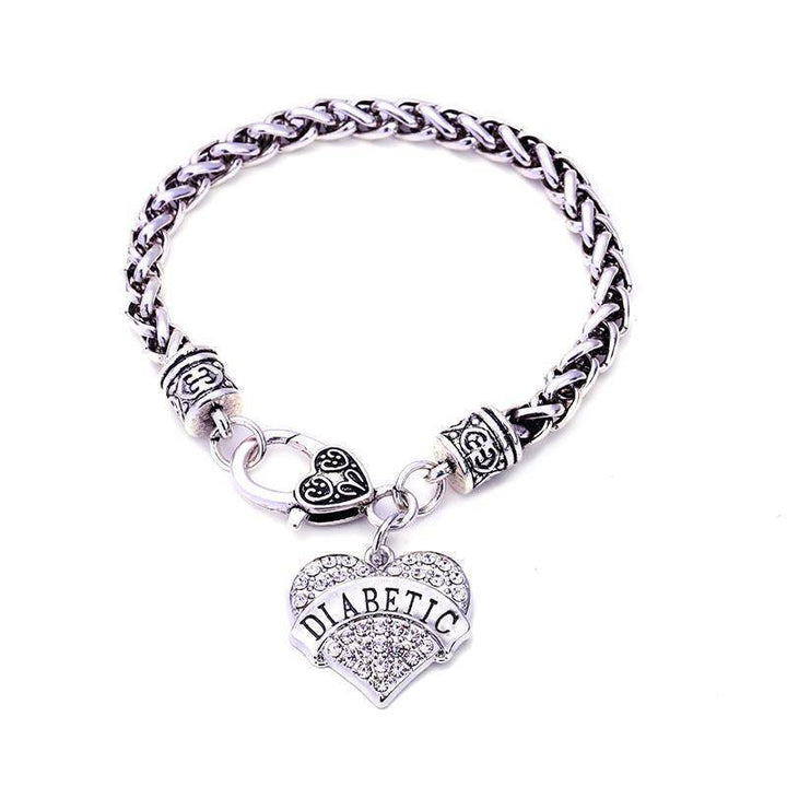 Pulsera diabética para mujer, alerta médica con corazones de cristal. Identificación de seguridad y salud.
