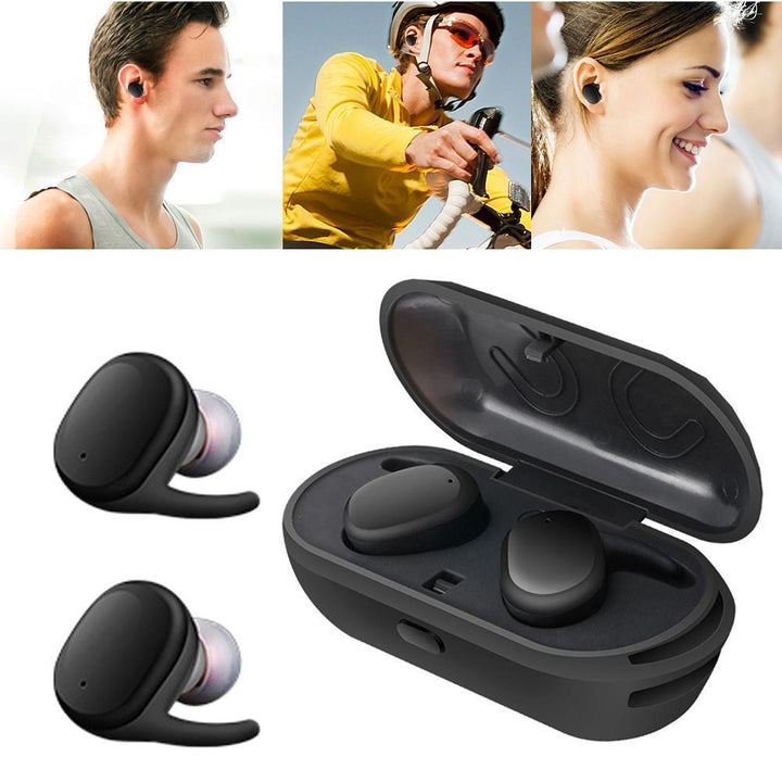Par de auriculares inalámbricos mini negros, impermeables IPX7. Perfectos para gym o actividades al aire libre.