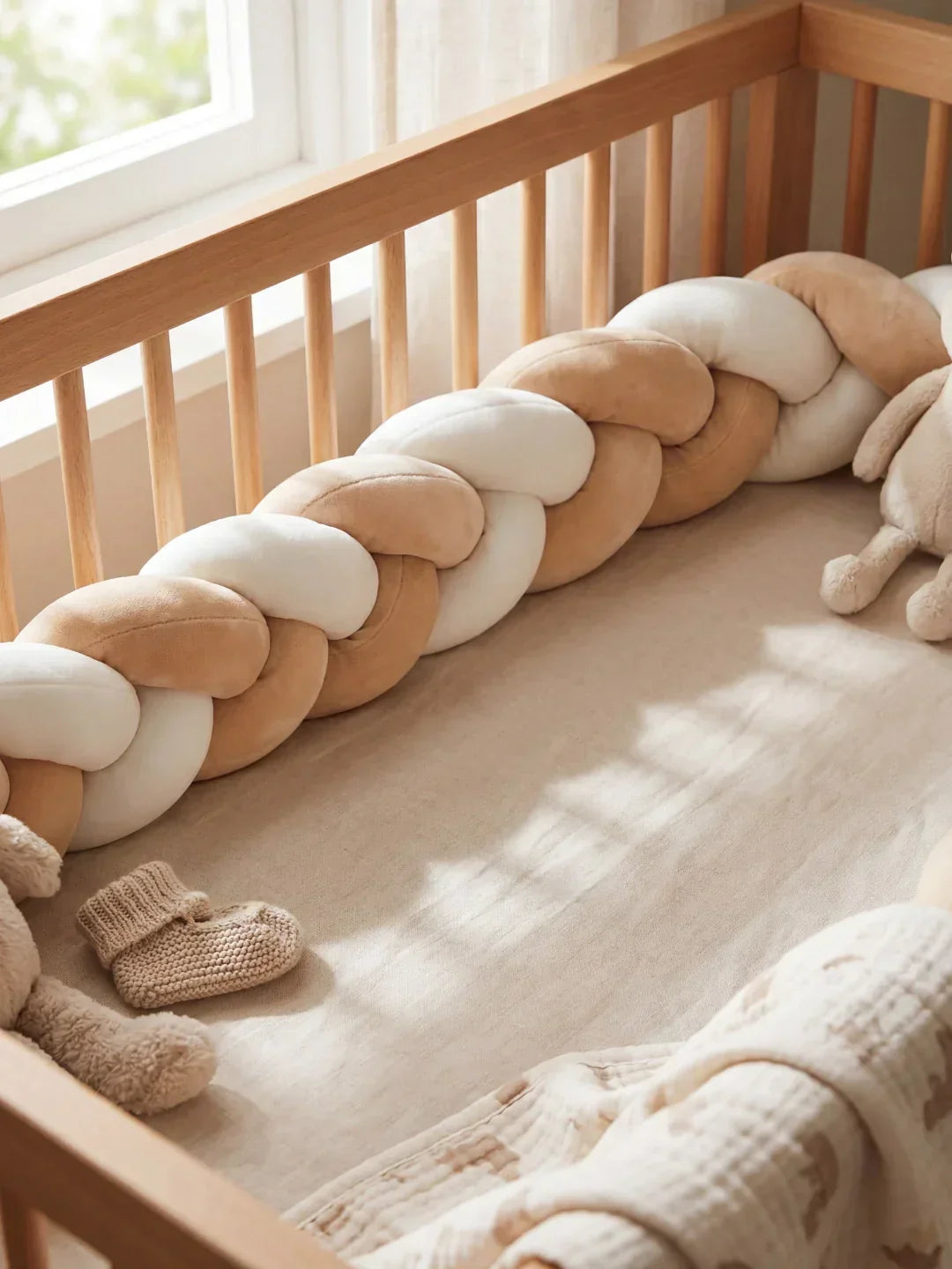 Acolchado infantil de lujo: protector de cuna trenzado bicolor, de algodón y terciopelo, elegante y seguro para el bebé.