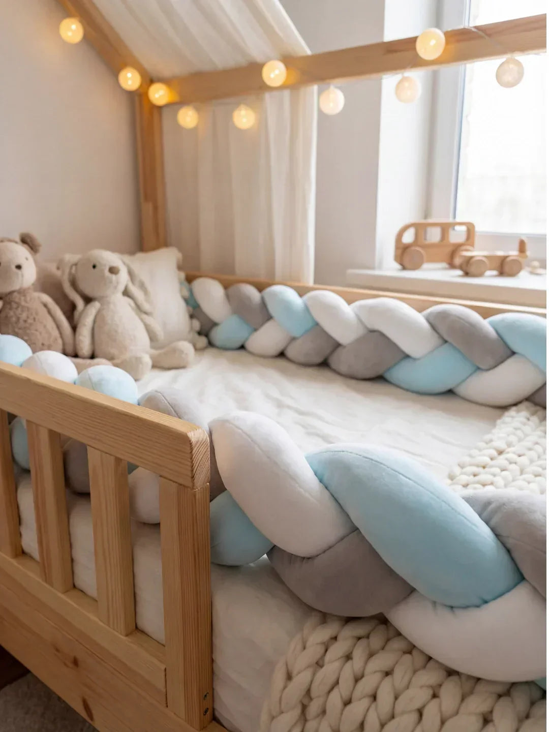 Protector de cuna infantil, trenzado y acolchado. Borde suave para evitar golpes en la cuna.