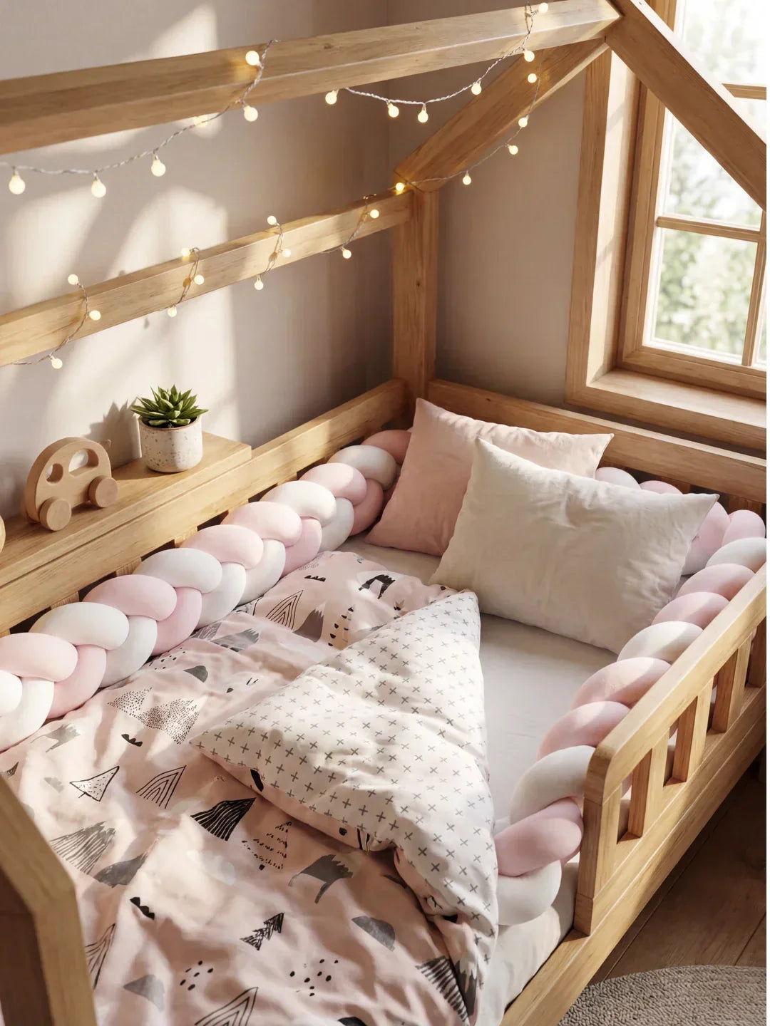 Protector de cuna bicolor en tonos suaves, diseño trenzado premium, acolchado de seguridad para un descanso tranquilo.