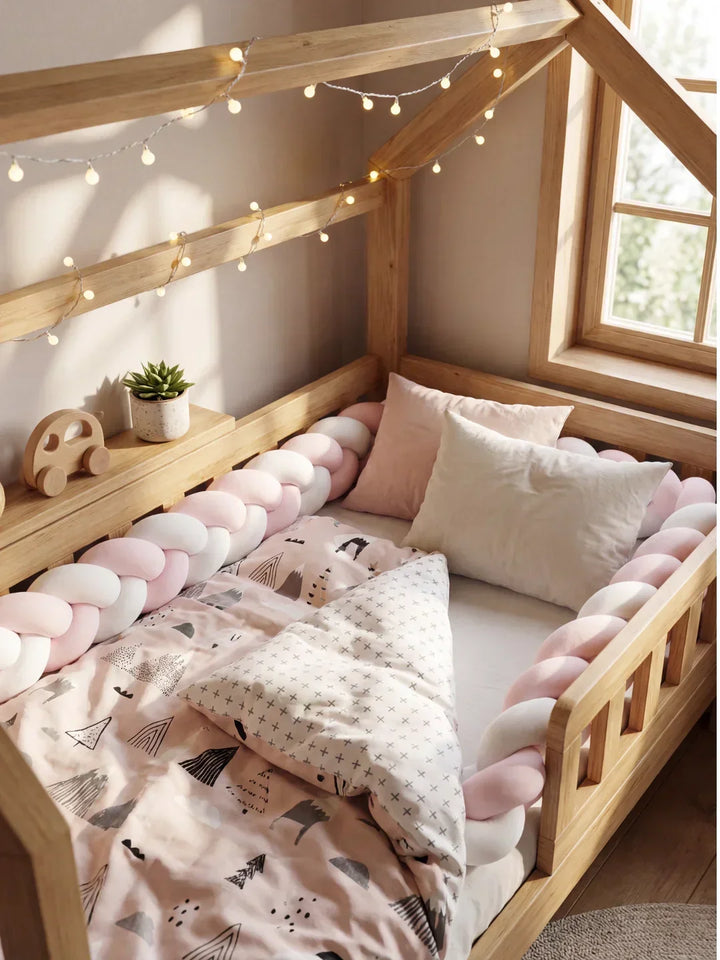 Protector de cuna bicolor en tonos suaves, diseño trenzado premium, acolchado de seguridad para un descanso tranquilo.