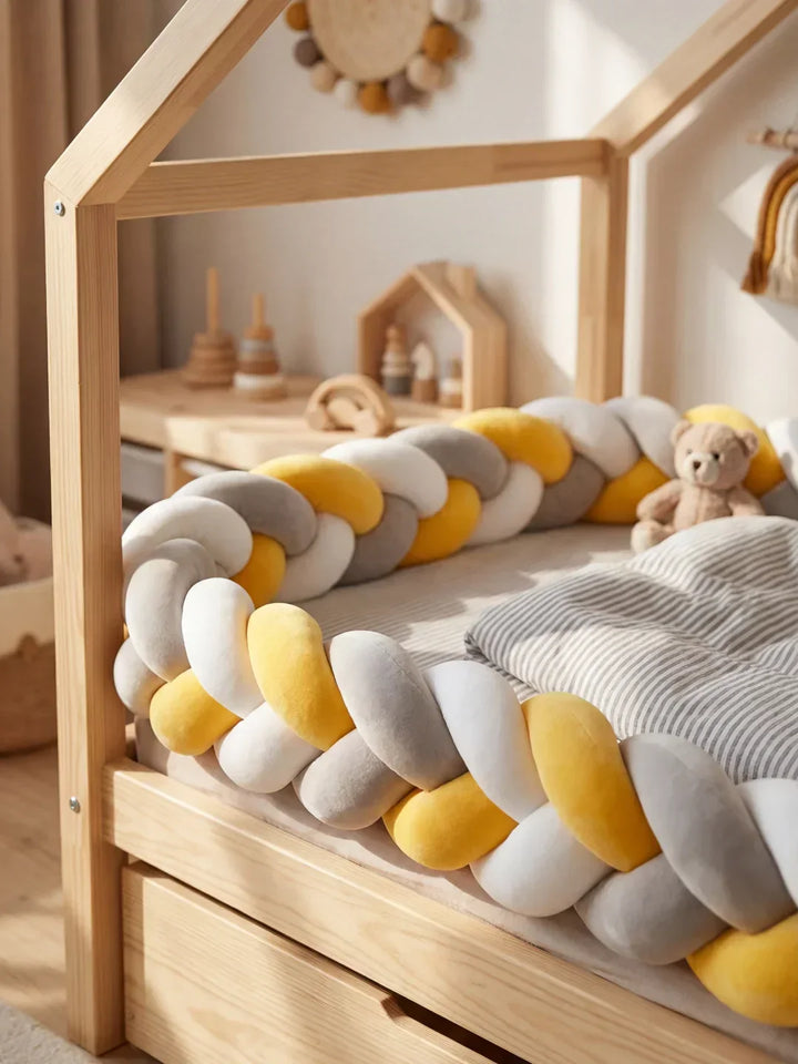 Algodón y terciopelo: Protector de cuna trenzado. Borde acolchado para la seguridad y estilo infantil.
