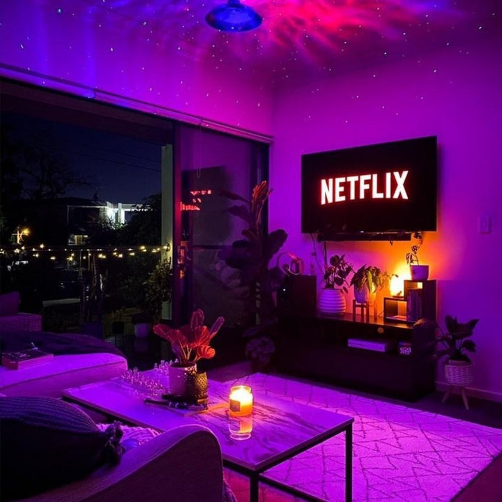 Proyector de galaxia LED para ambiente relajante, con estrellas, nebulosa y música Bluetooth.
