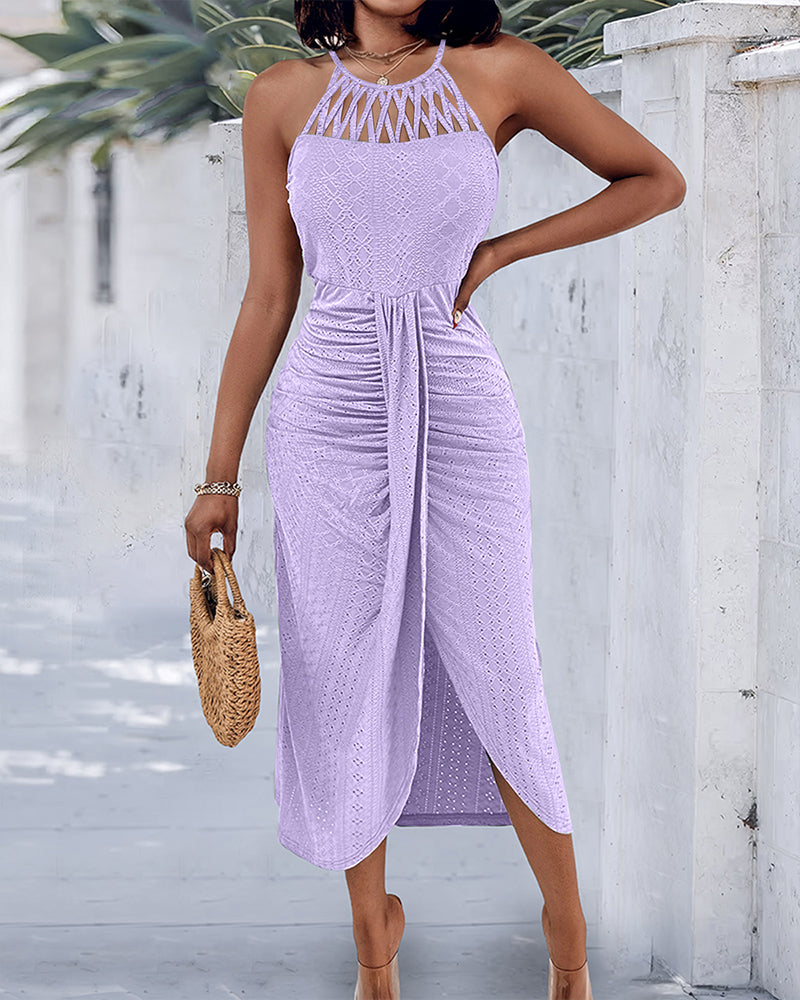 Vestido de playa sin mangas, midi halter con abertura, para mujer.