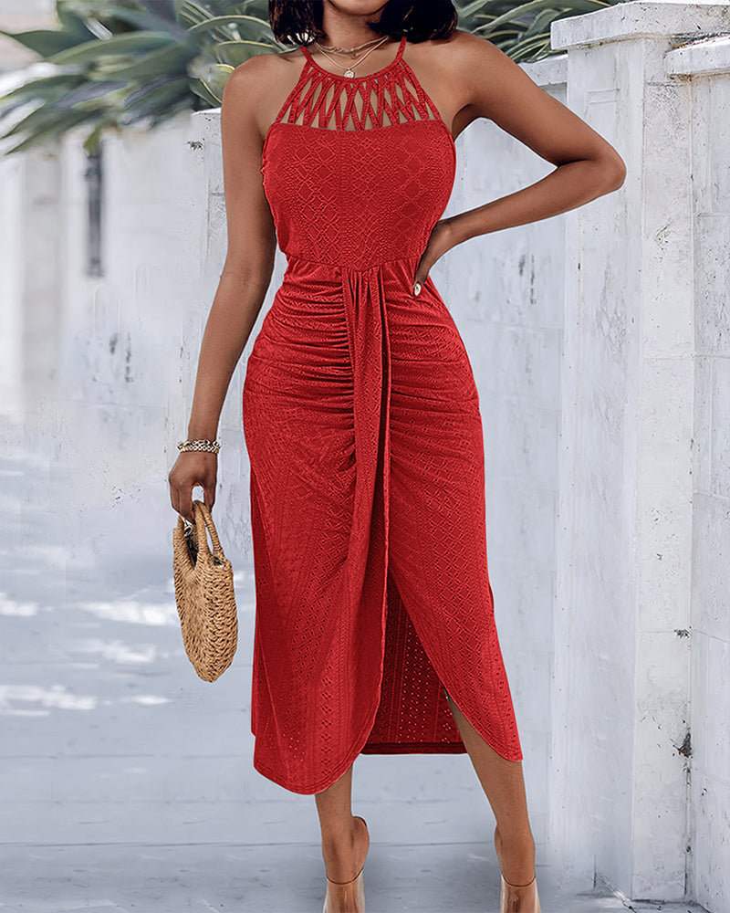 Vestido chic de playa, midi halter con abertura, para mujer en verano.