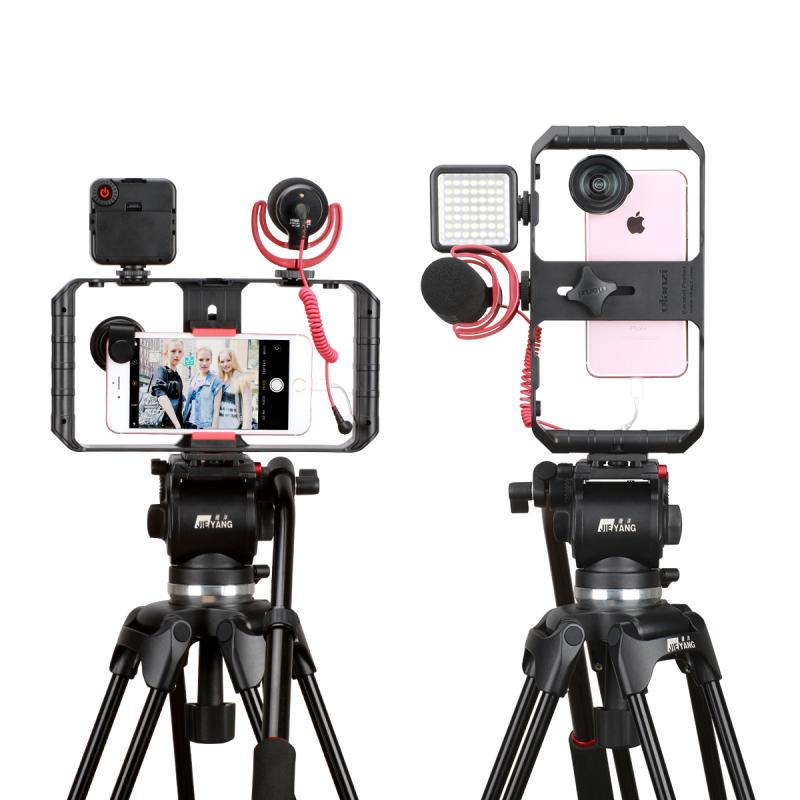 Kit de video profesional para smartphone: estabilizador, soporte y luz LED para vloggers y creadores de contenido.