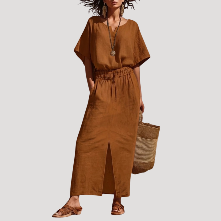 Traje midi de verano para mujer, dos piezas. Diseño fresco con cuello V y manga corta, ideal para looks casuales y elegantes.