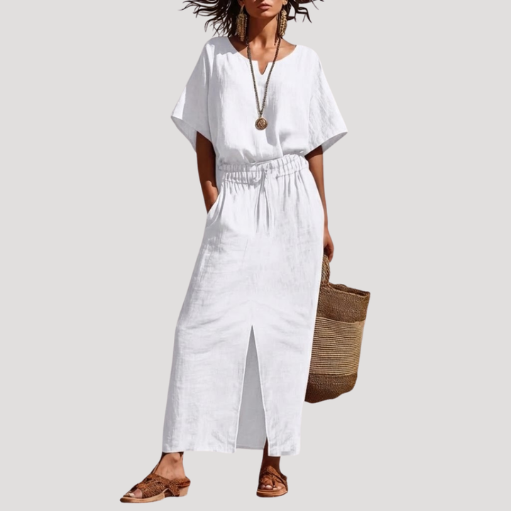 Conjunto midi elegante de mujer con cuello V y manga corta, ideal para verano. Ropa coordinada femenina y fresca.
