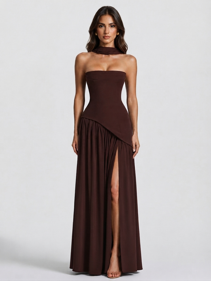Vestido de noche largo drapeado para mujer con corsé, abertura lateral. Ideal fiesta y gala.
