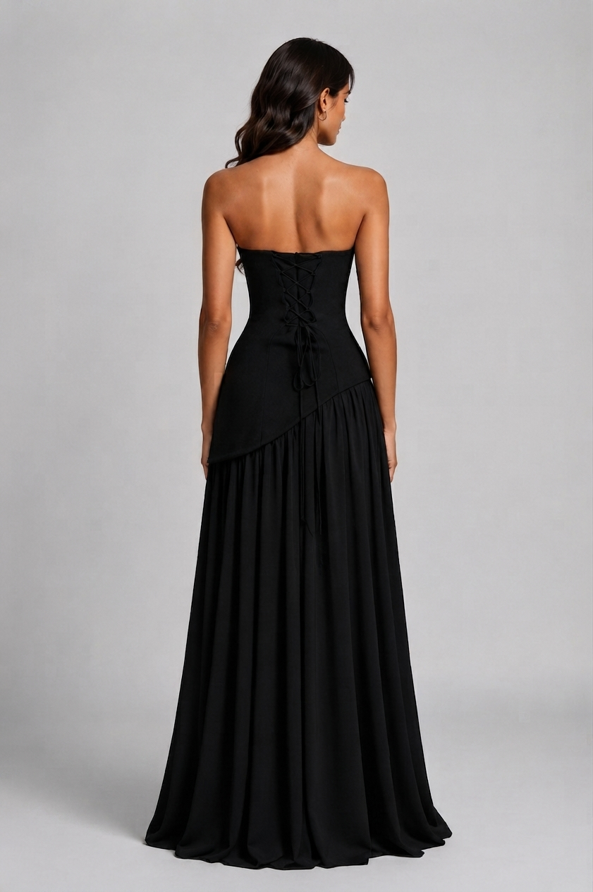 Vestido largo formal mujer, drapeado y con corsé, abertura. Perfecta opción para eventos de gala.