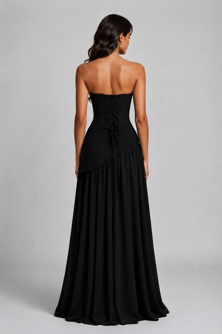Vestido largo formal mujer, drapeado y con corsé, abertura. Perfecta opción para eventos de gala.