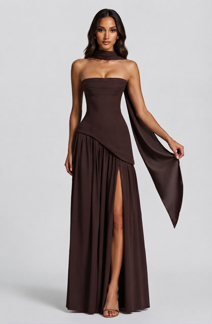Elegante vestido de noche largo para mujer, corsé y drapeado, abertura. Perfecto para invitada formal.