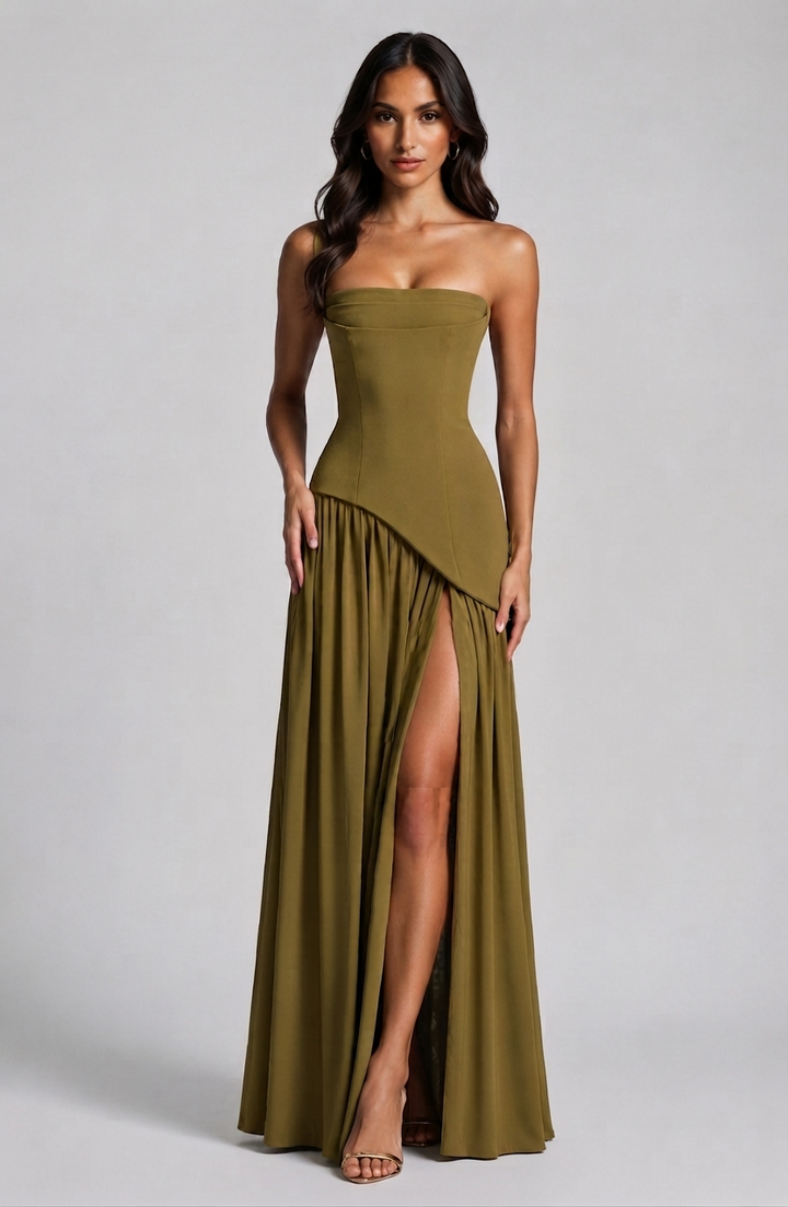 Vestido largo de fiesta para mujer, diseño drapeado y corsé, con abertura lateral. Look elegante.