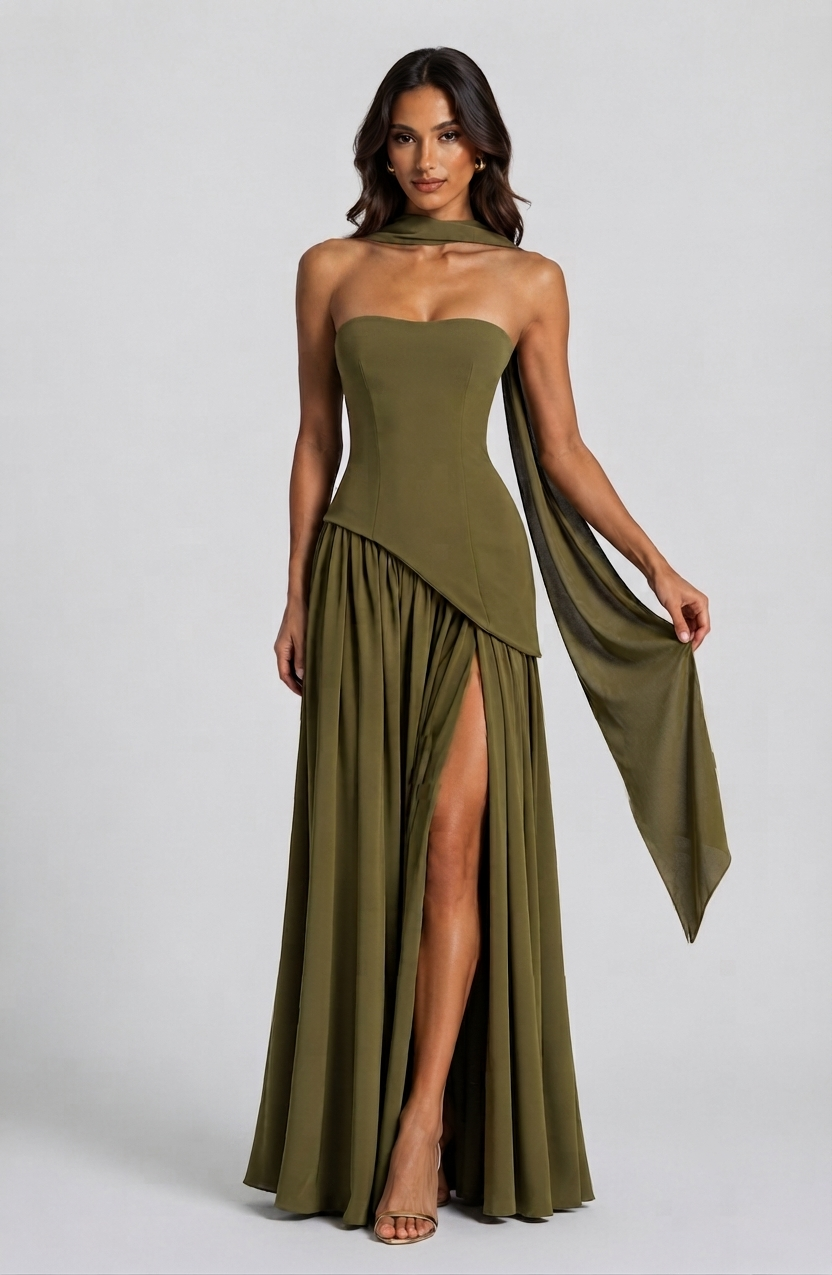 Vestido de gala sofisticado mujer, largo, con drapeado y corsé, abertura lateral. Para eventos formales.