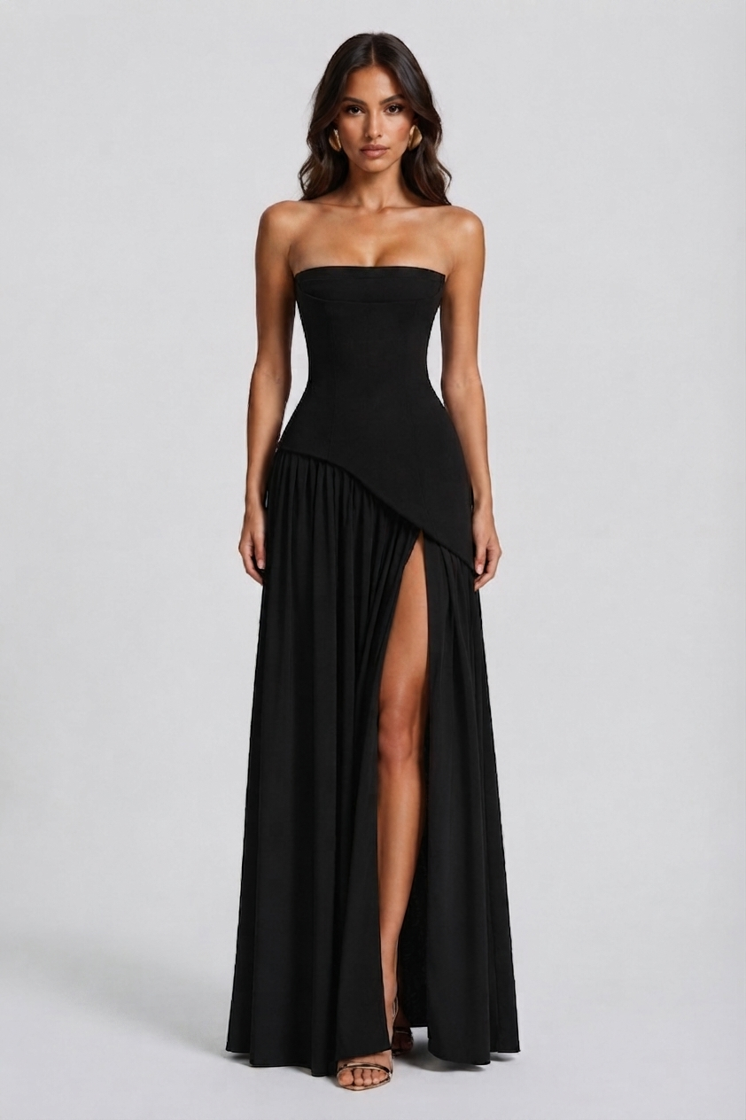 Vestido de fiesta elegante para mujer, largo, con corsé estructurado y drapeado. Atrevida abertura.