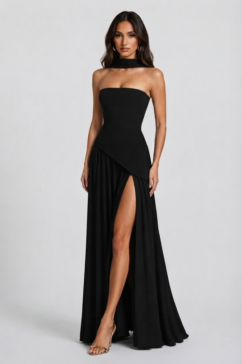 Vestido de gala mujer, diseño largo y sofisticado, drapeado, corsé y abertura. Ideal para noche especial.