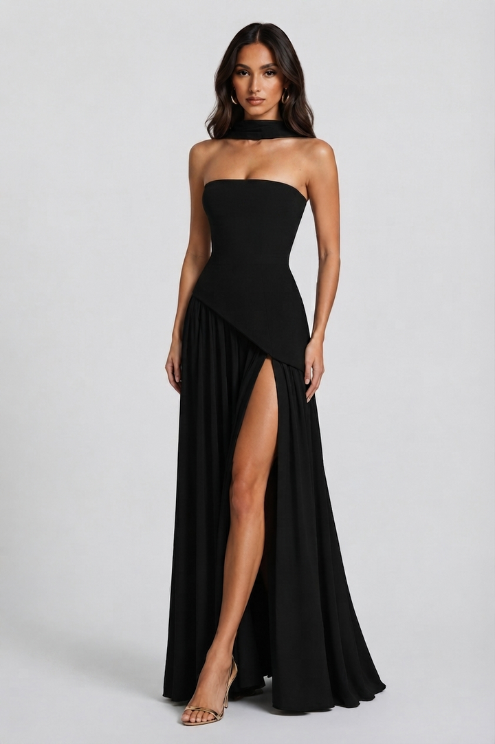 Vestido de gala mujer, diseño largo y sofisticado, drapeado, corsé y abertura. Ideal para noche especial.