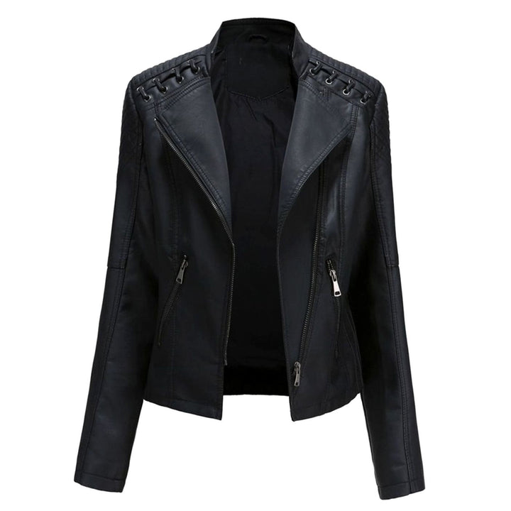 Chaqueta de mujer con cierre asimétrico, diseño urbano. Piel sintética cómoda para primavera y noche.