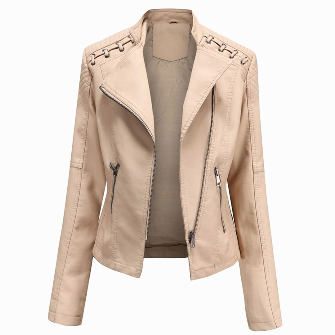 Chaqueta de primavera mujer, estilo moto biker. Piel sintética, diseño elegante y cierre asimétrico.