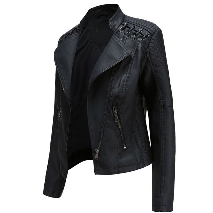 Chaqueta casual biker para mujer, piel sintética de alta calidad con cierre asimétrico. Estilo urbano de moda.