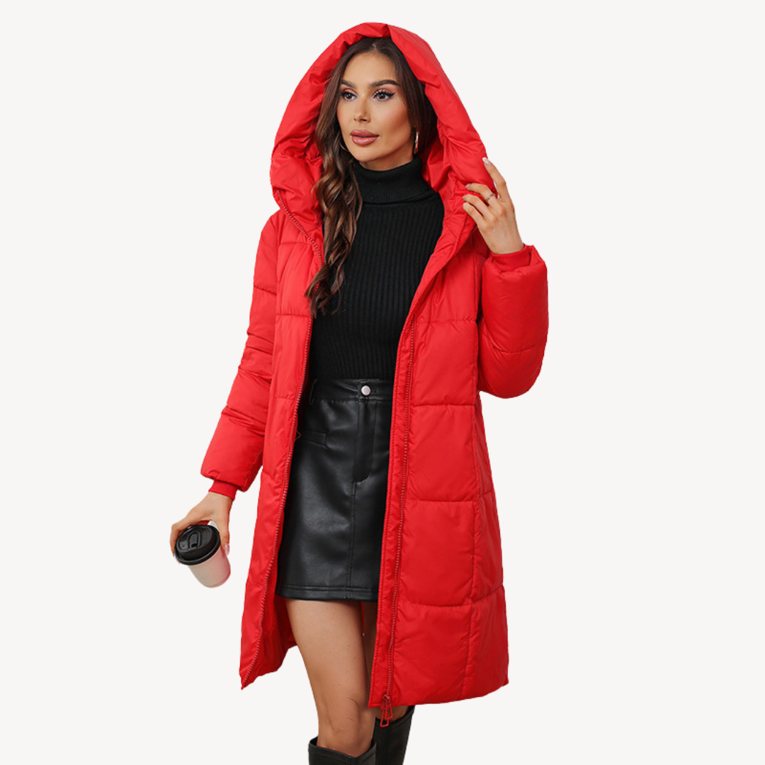 Prenda exterior acolchada y larga para mujer, con capucha, para un invierno cómodo y a la moda.
