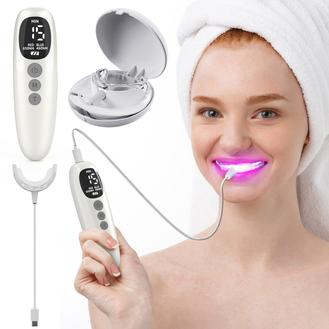 Dispositivo de luz roja y azul para cuidado bucal, mejora encías y sensibilidad dental.