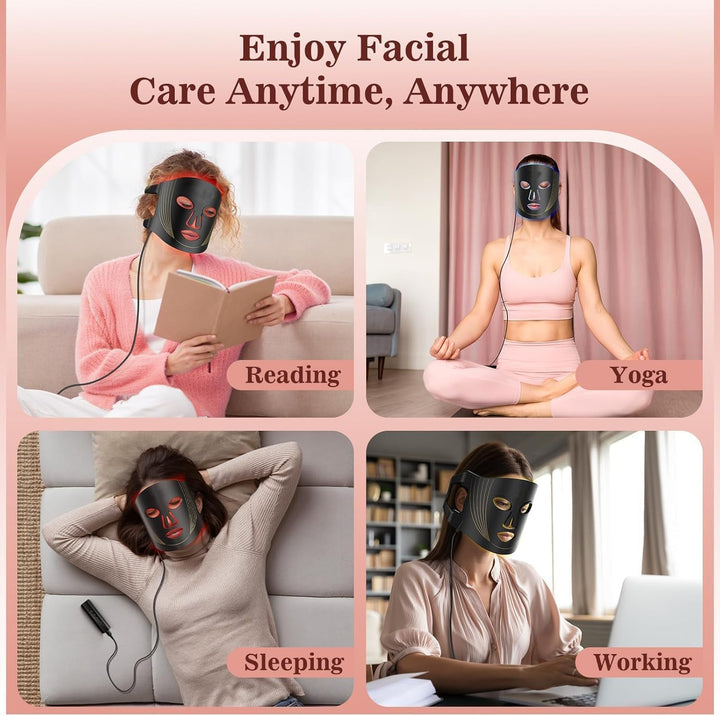 Terapia de luz LED para acné, arrugas y luminosidad. Una máscara facial de belleza con fototerapia.