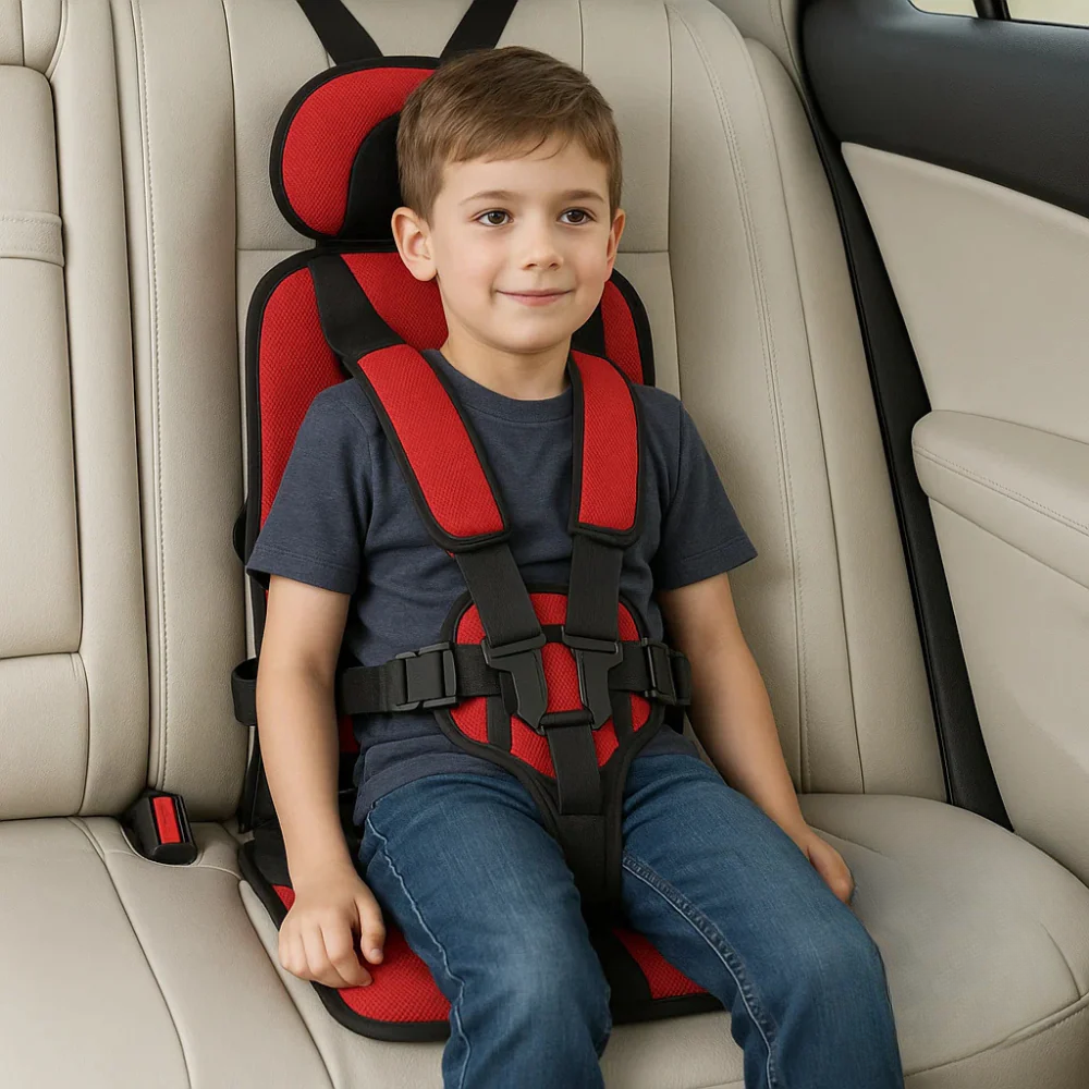 Asiento elevador infantil plegable para coche, con sistema de anclaje rápido y seguro. Facilita el viaje.