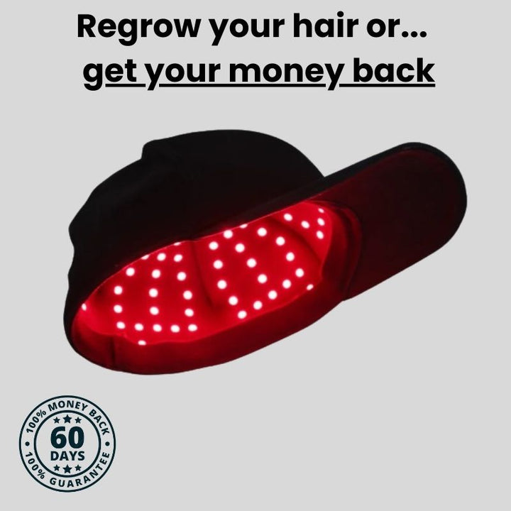 Usuario aplicando el gorro de terapia de luz roja. Cuidado capilar avanzado para detener la caída.