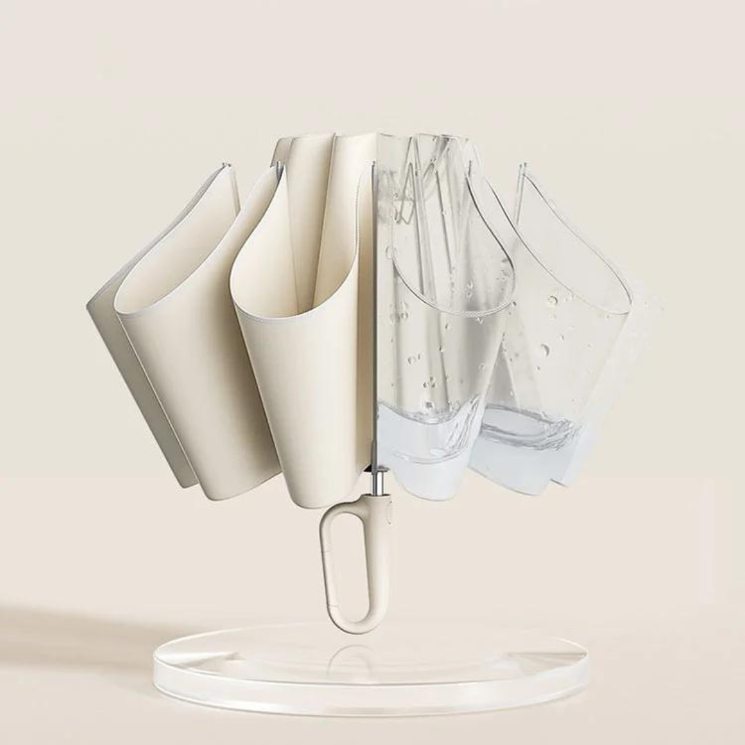 Paraguas de viaje compacto y reflectante en entorno exterior lluvioso. Protección unisex esencial.
