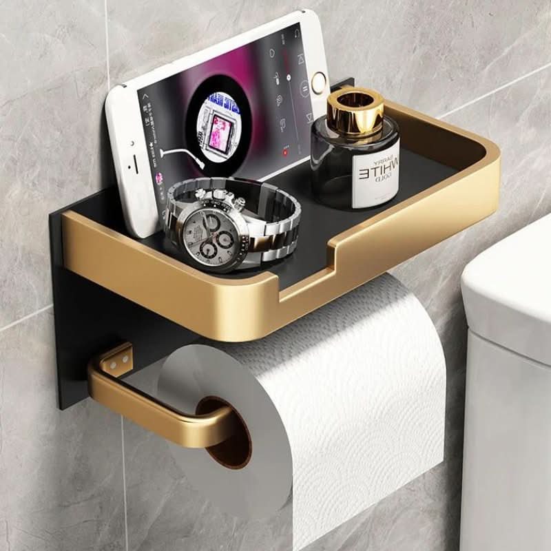 Porta rollo de papel higiénico dorado de pared, accesorio de baño moderno y funcional.