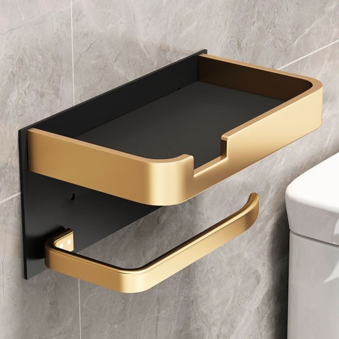 Soporte de papel higiénico negro de pared para baño, instalación fácil y estilo contemporáneo.