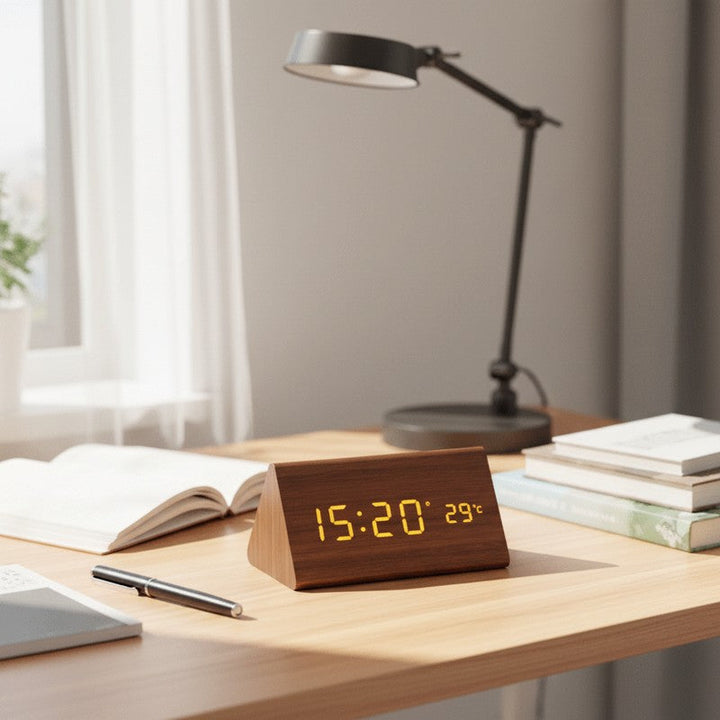 Moderno reloj de madera con pantalla LED, perfecto para escritorios. Incluye control por voz y alarma digital.
