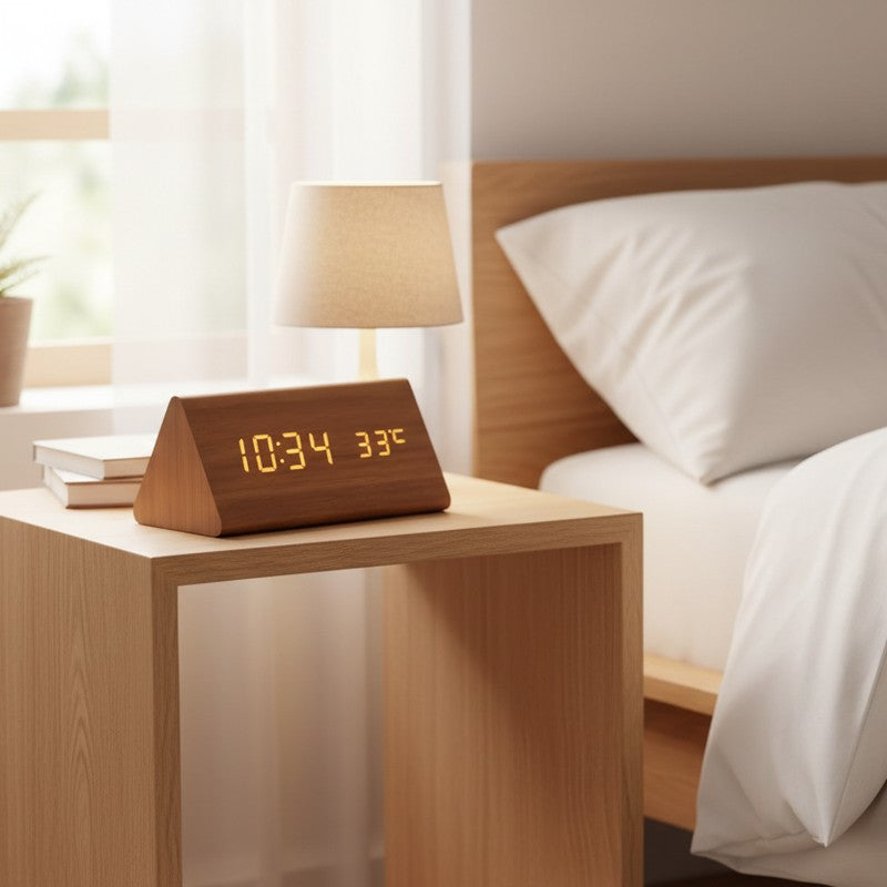 Elegante reloj digital LED de madera. Actívalo por voz, función de alarma, ideal para cualquier escritorio.
