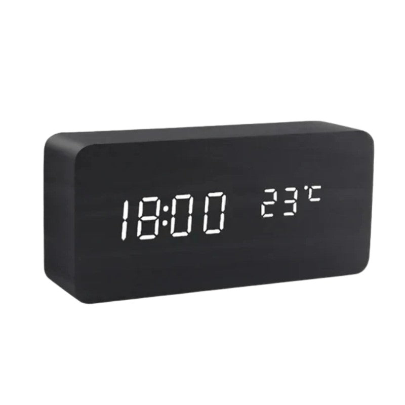 Reloj LED de madera estilo moderno. Fácil uso con control por voz, incluye alarma para tu escritorio.