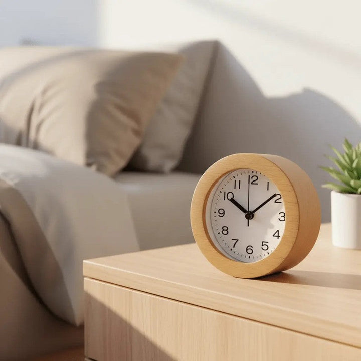 Reloj despertador de madera con esfera blanca, ideal para dormitorio o mesilla de noche.