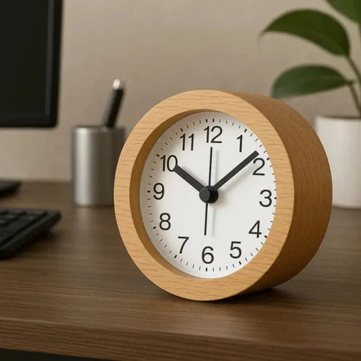 Reloj despertador de madera para mesilla de noche, con pantalla LED y esfera blanca.