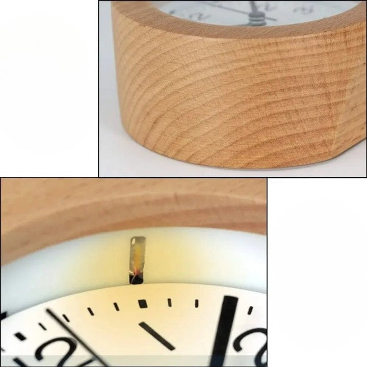 Reloj despertador de madera, diseño minimalista con esfera blanca para la decoración del hogar.