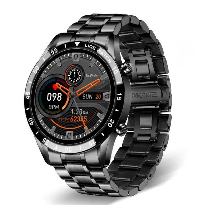 Reloj inteligente unisex digital con pantalla redonda puesto en muñeca, mostrando la hora.