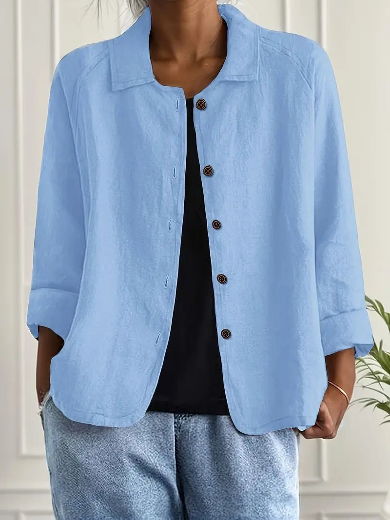 Chaqueta de lino con botones para mujer, estilo versátil y cómoda, perfecta para uso diario.