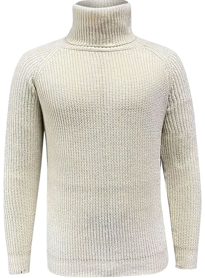 Jersey hombre cuello alto canalé beige de ajuste regular, versátil para otoño e invierno. Estilo moderno.