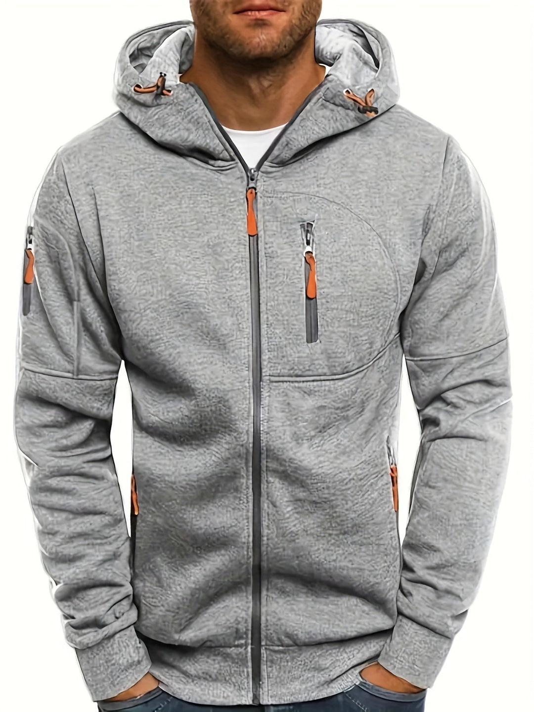 Sudadera de hombre con capucha, cremallera y bolsillos seguros para un look casual de invierno.